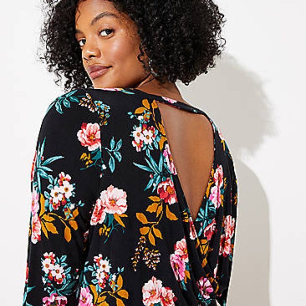 LOFT Floral Open Back Knit Long Sleeve Flare Skater Dress Black Pink 2 NWT - Picture 2 of 10